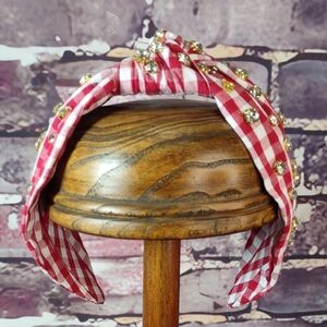 Gingham Knotted Headband w/Crystal Accents